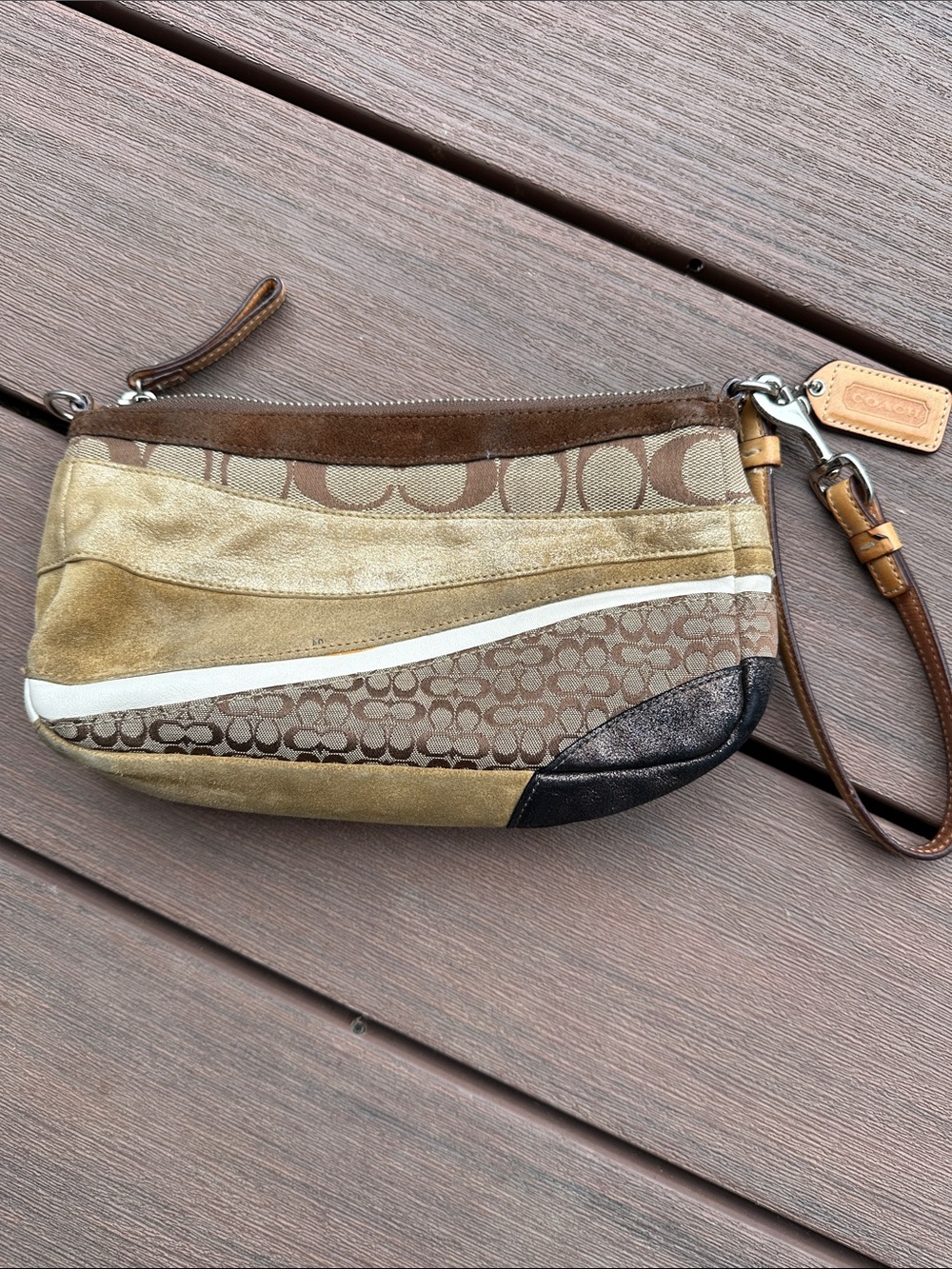 Vintage Coach Signature leather, suede and canvas clutch